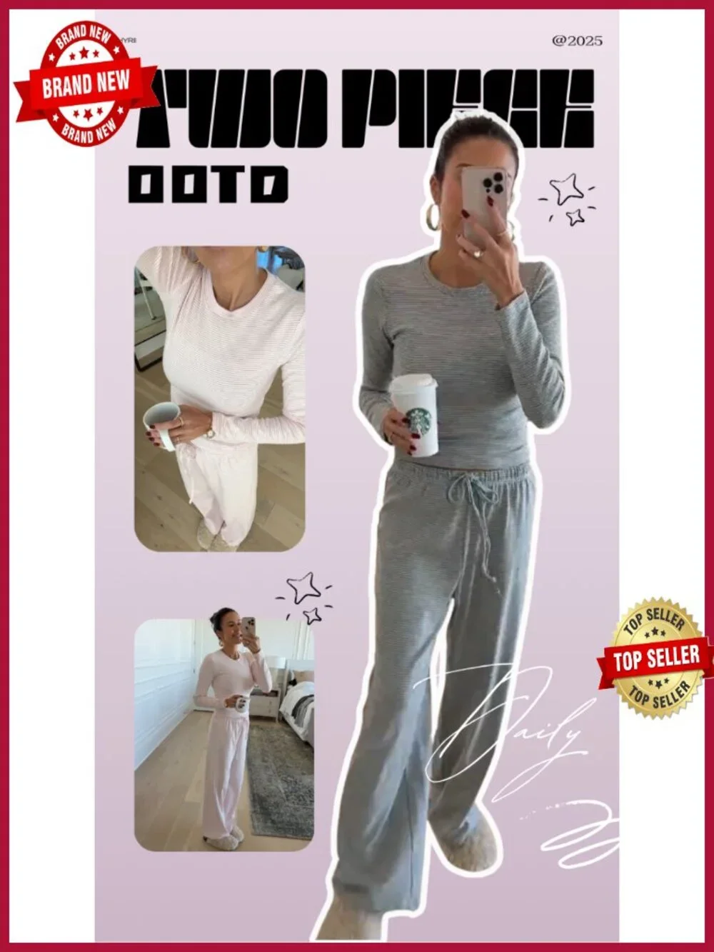 Women's 2 Piece Lounge Set - Long Sleeve Striped Pajamas - Cotton Drawstring